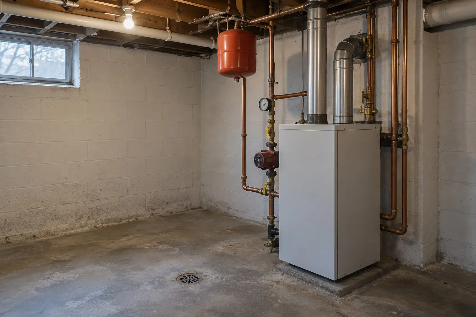A basement boiler and its piping, the heating system in the corridor houses that were built with no ductwork anywhere