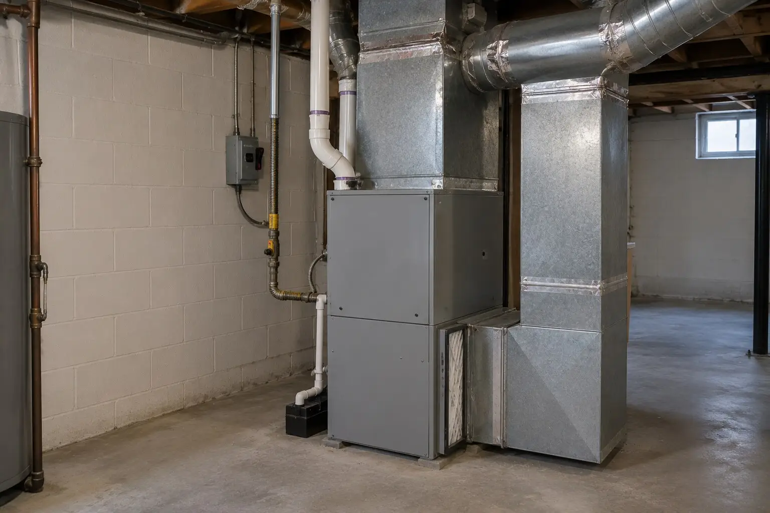Gas furnace, supply plenum and a return carrying a pleated filter, the forced-air arrangement common in Evesham Township