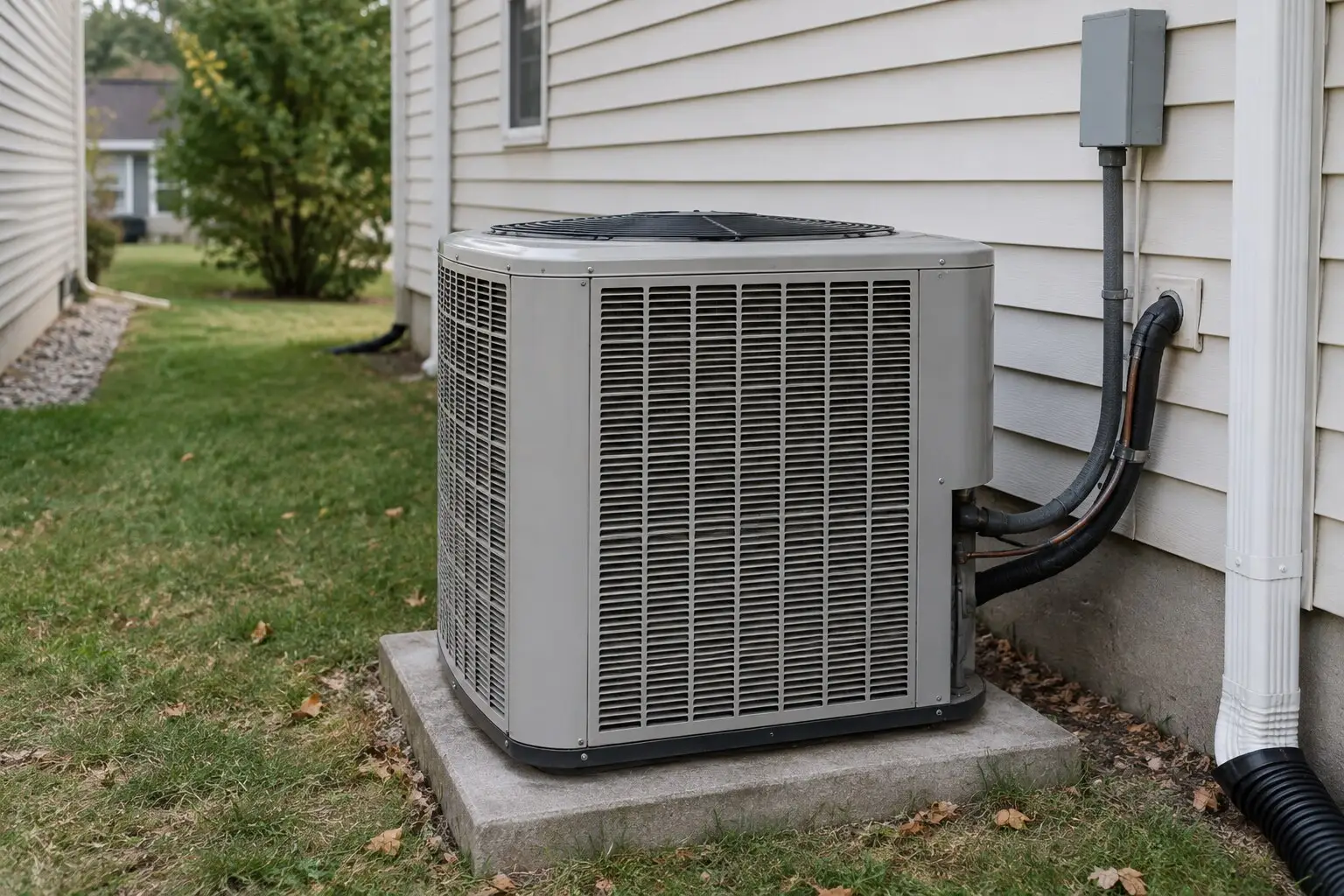 Residential split-system condenser on a concrete pad in a side yard, the outdoor half of a typical Cherry Hill cooling system